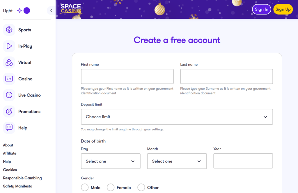 Space Casino Sign-Up Form