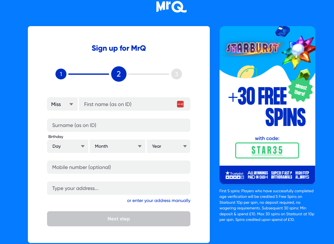 Mr Q No Deposit Sign Up Form
